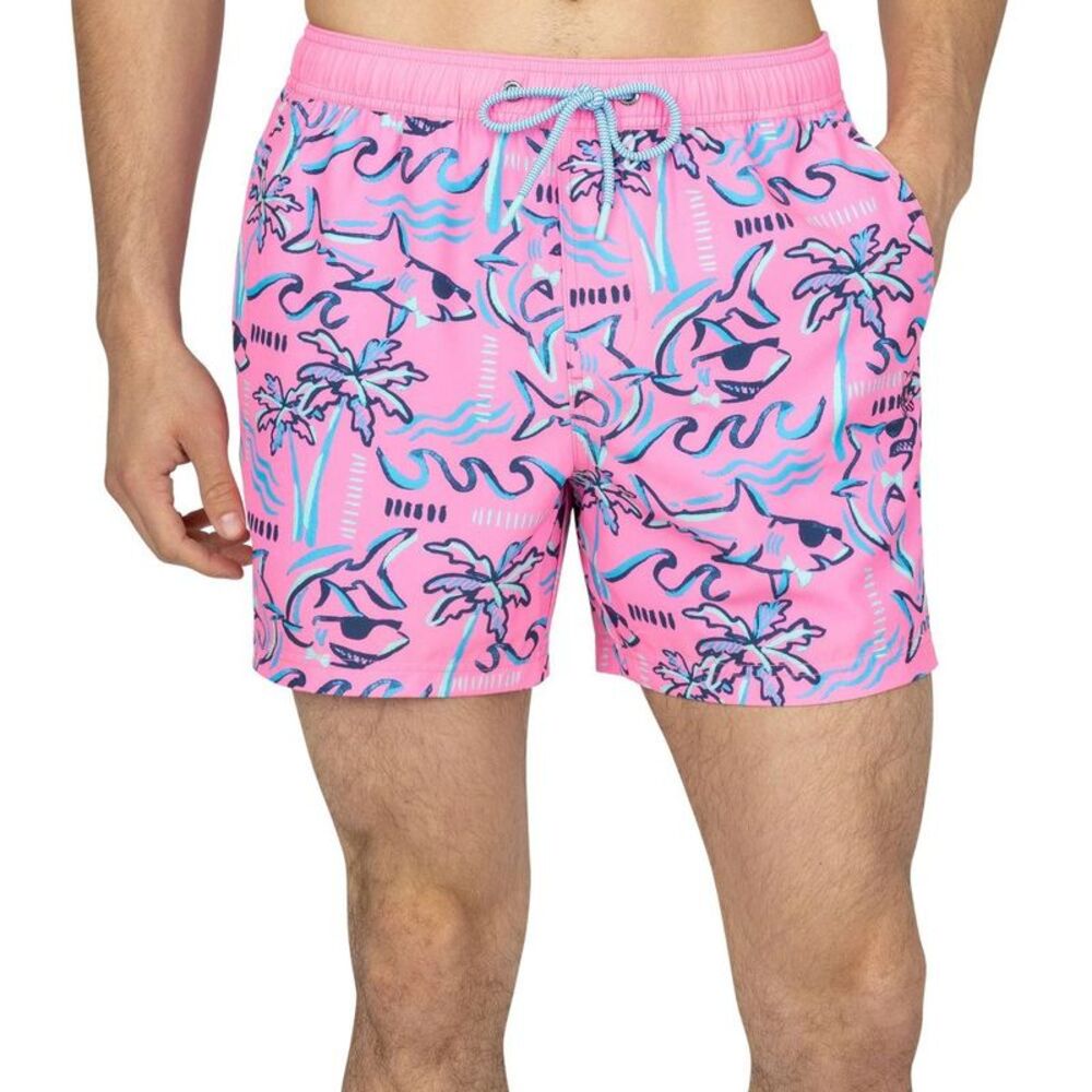 Party Pants Men's Sharky Swim Shorts - Pink and Blue Sharks L